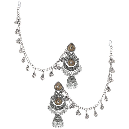 Dual-Tone Afghani Jhumka Earrings With Ear Chain