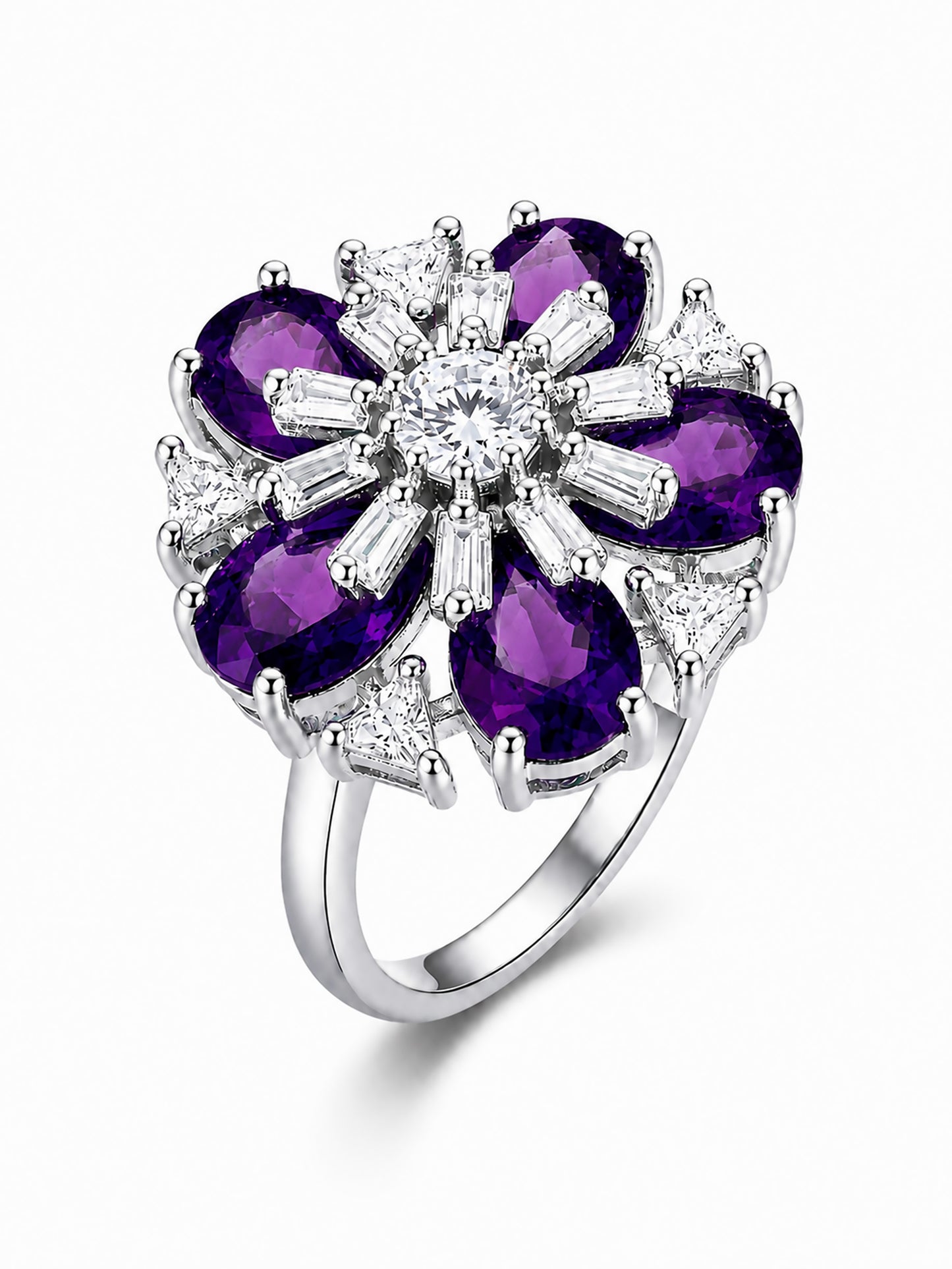 Rhodium Plated Purple AD Floral Finger Ring for Women