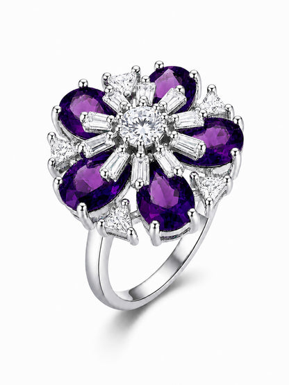 Rhodium Plated Purple AD Floral Finger Ring for Women