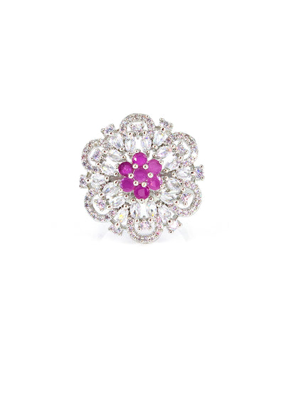 Silver-Plated AD Ruby Cocktail Adjustable Finger Ring