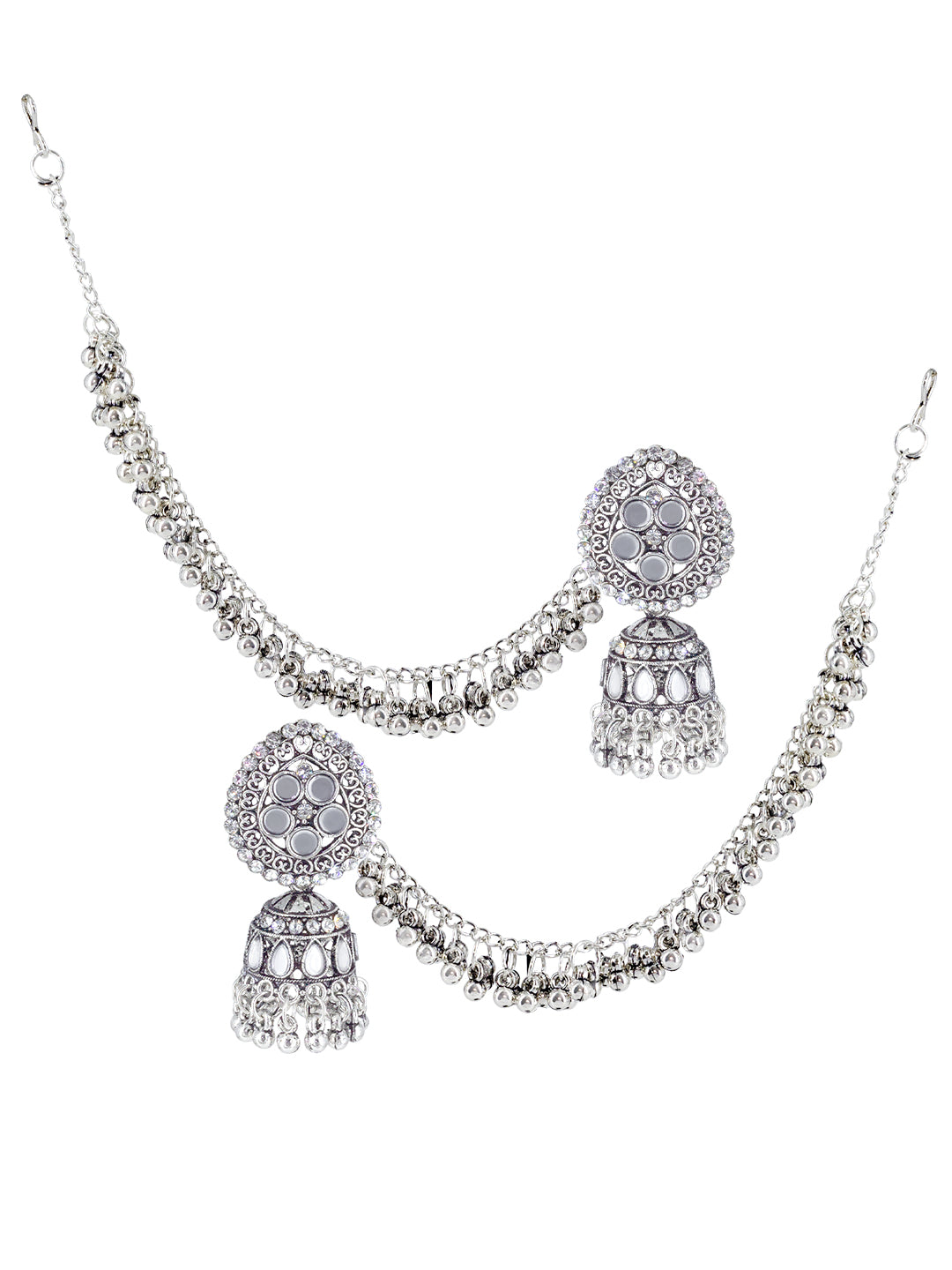 Silver-Oxidised Floral Mirror-Studded Jhumka Earrings With Hair Chain