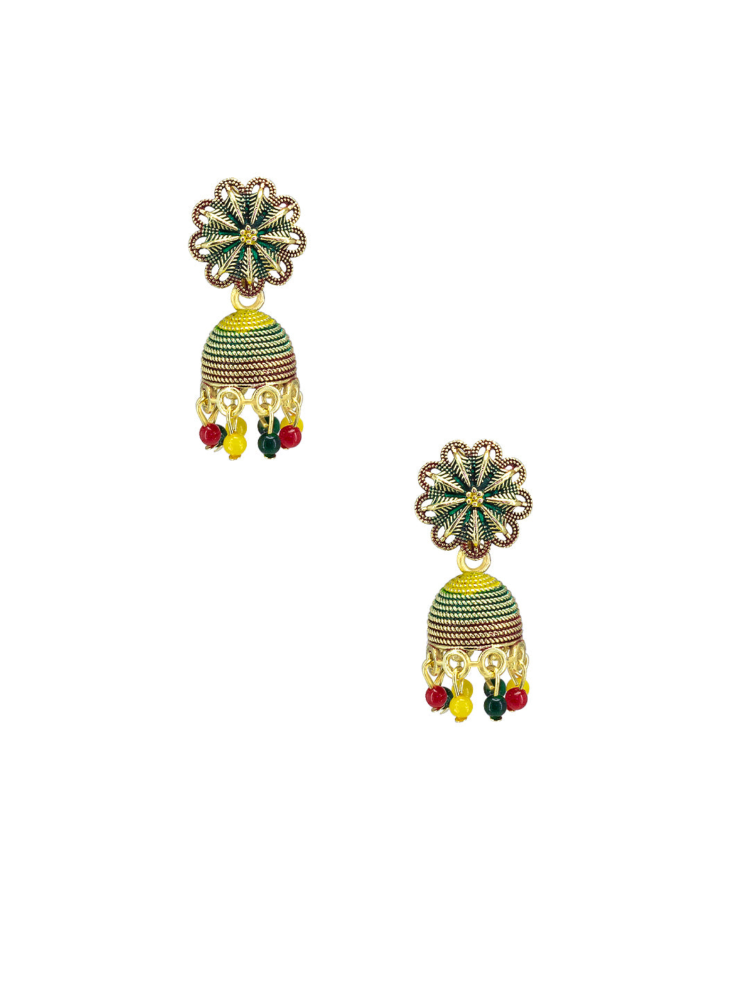 Gold Plated Floral Multi Color Artificial Beaded Jhumki Earrings