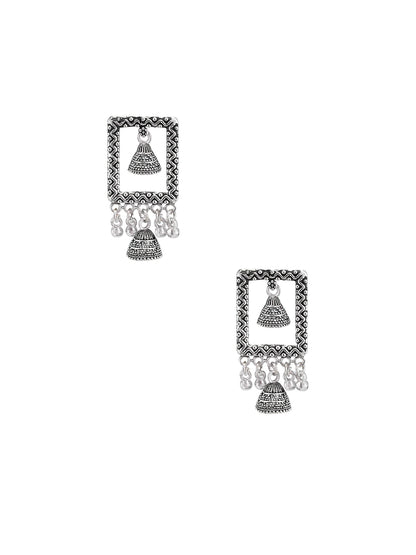 Silver Oxidized Square Boho Style Jhumki Earrings