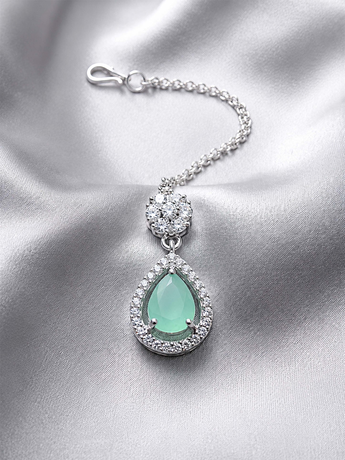Silver Plated Green AD Maang Tikka for Women