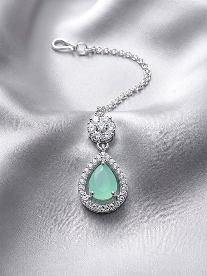 Silver Plated Green AD Maang Tikka for Women