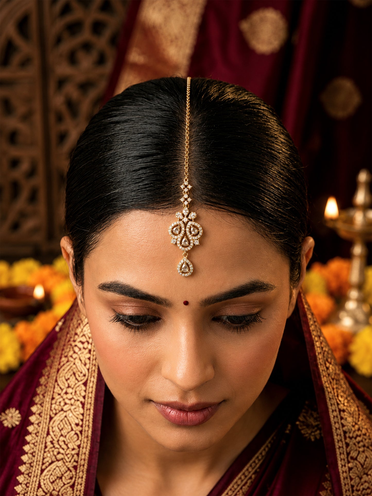 Antique Gold Plated AD Maang Tikka for Women