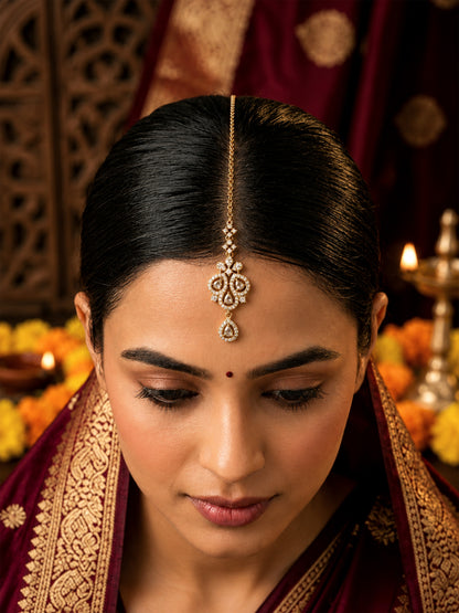 Antique Gold Plated AD Maang Tikka for Women