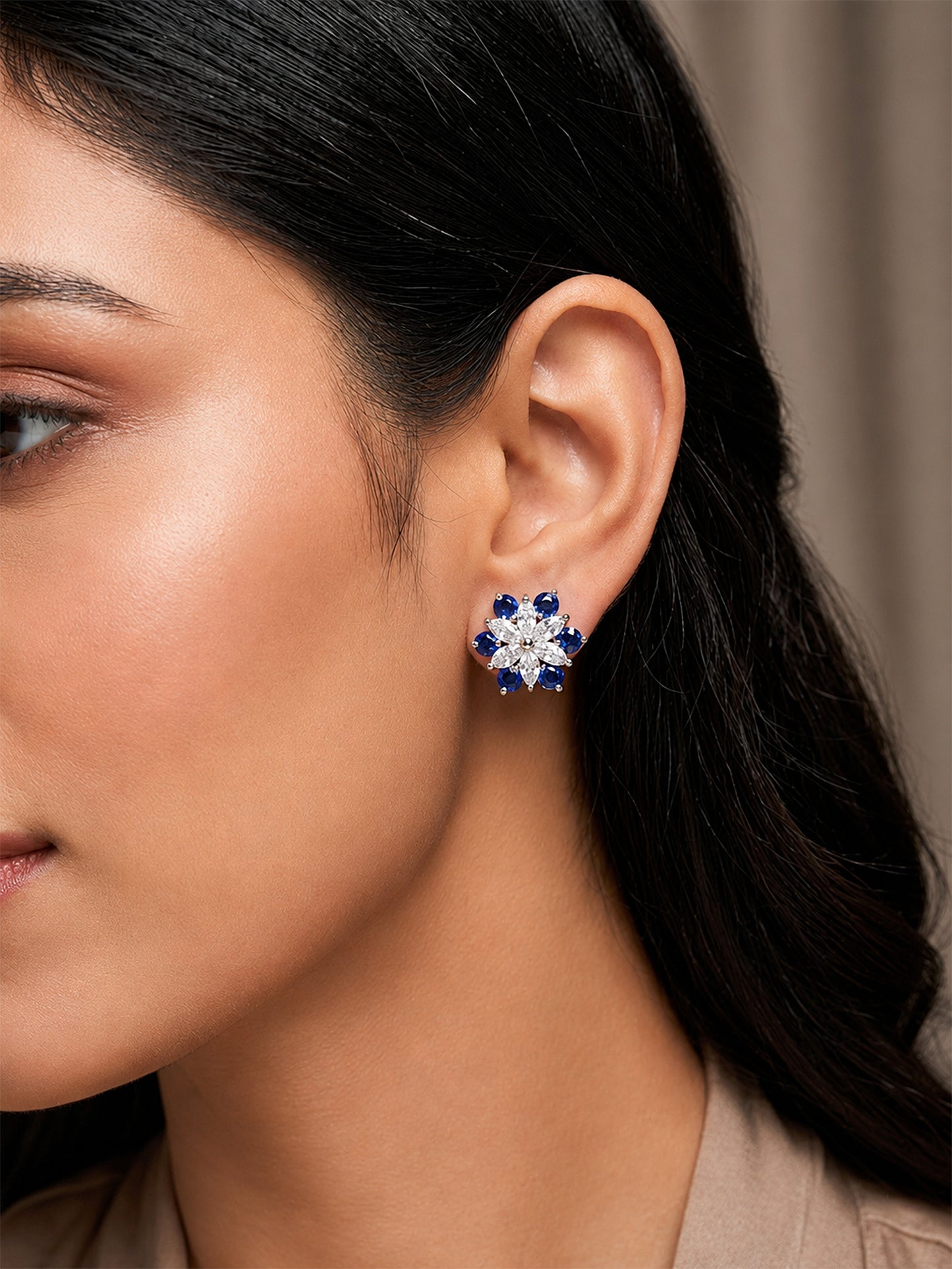Silver Plated Blue Floral Stud Earrings for Women