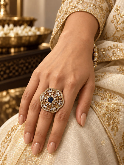 Antique Gold Plated Blue AD Finger Ring for Women