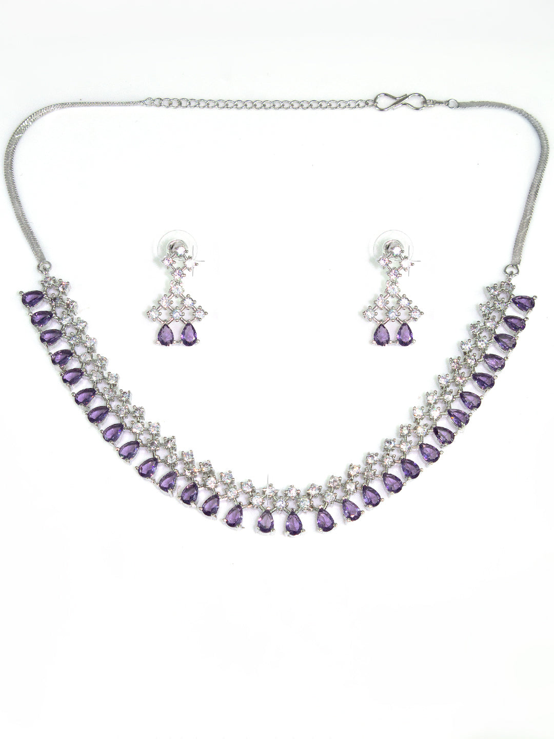 Silver Plated Purple AD Sleek Designer Jewellery Set