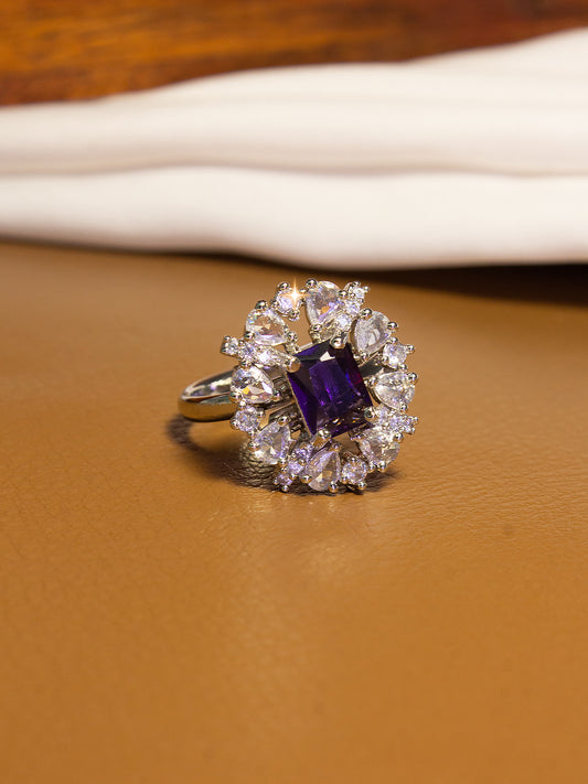 Silver-Plated American-Diamond Purple Adjustable Finger Ring