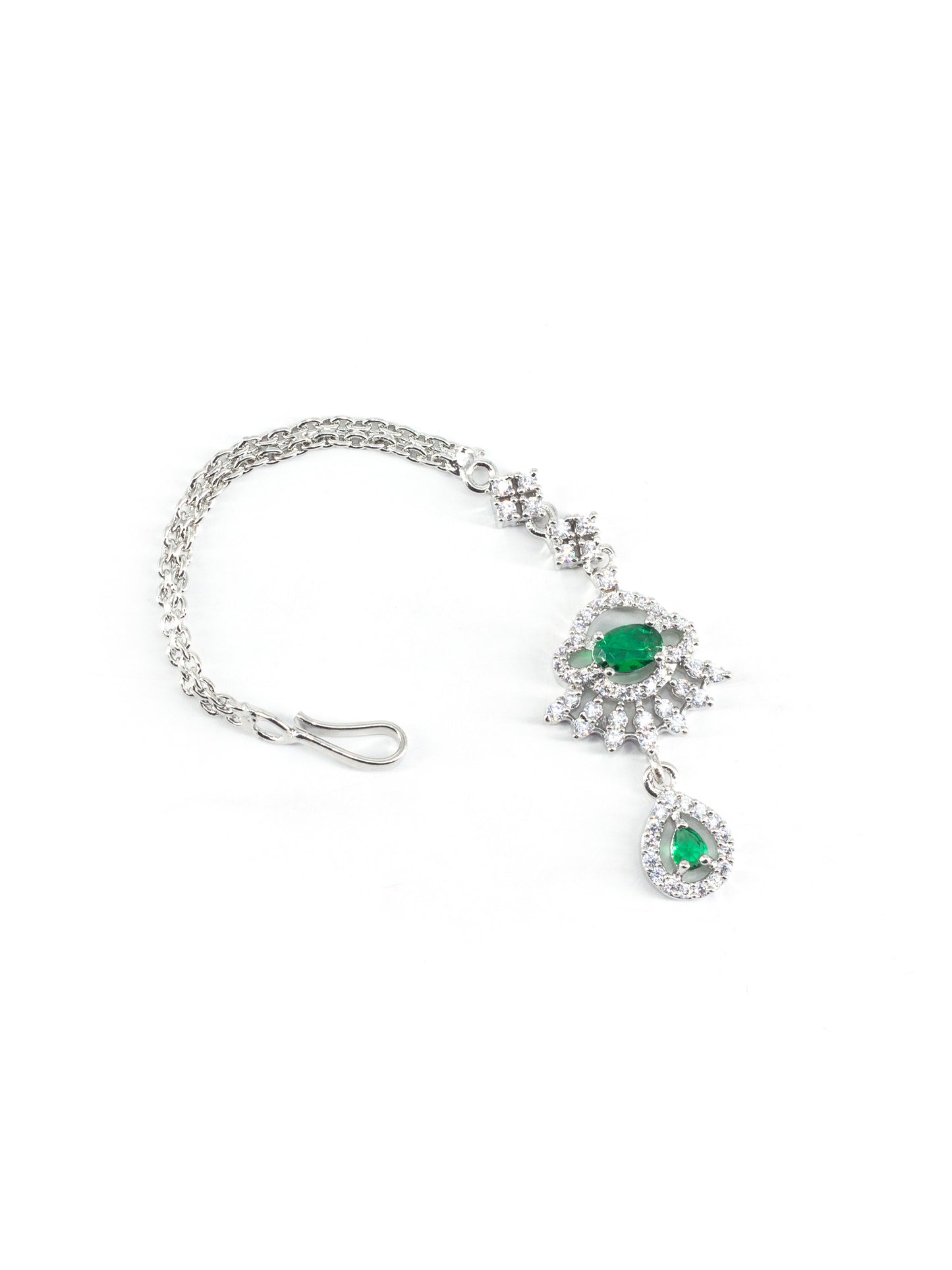 Silver Plated Green AD Drop Maang Tikka for Women