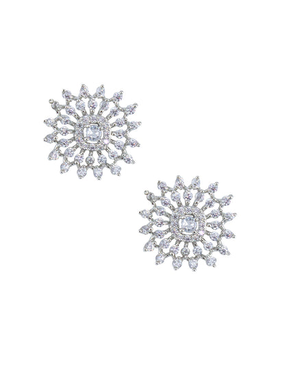 Silver Plated Floral AD Stud Earrings For Women