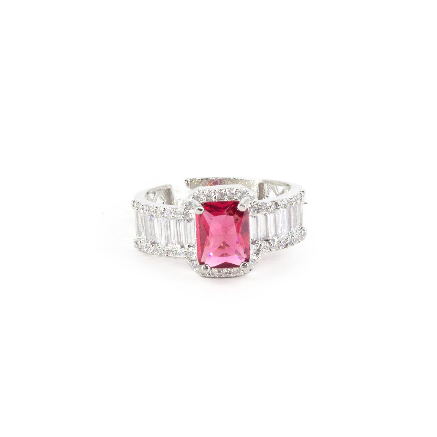 Silver Plated Red American Diamond Adjustable Ring for Women