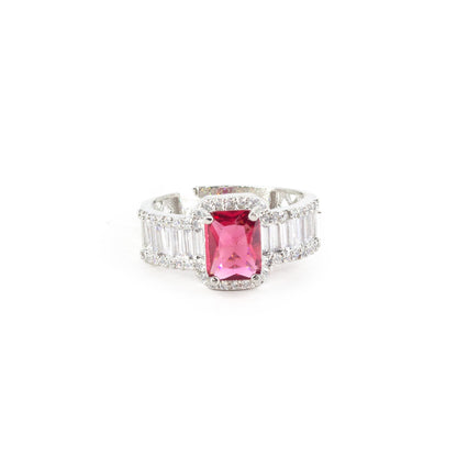 Silver Plated Red American Diamond Adjustable Ring for Women