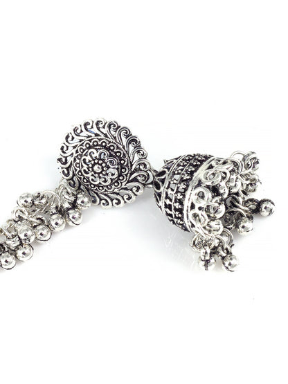 Silver-Oxidised Floral Jhumka Earrings With Ear Chain