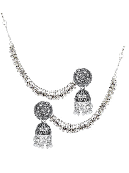 Silver-Oxidised Floral Jhumka Earrings With Hair Chain