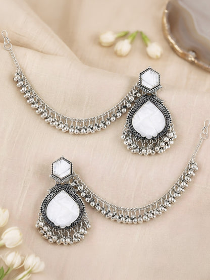 Silver Oxidised White Jhumka Earring with Chain for Women