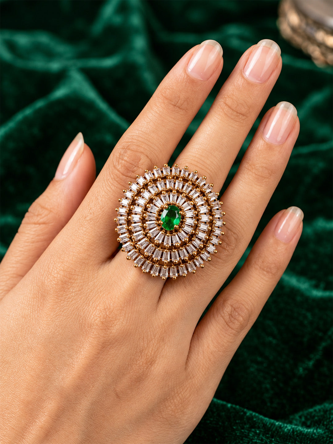 Antique Gold Plated Green AD Finger Ring for Women