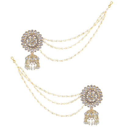 Floral Kundan-Studded & Beads Drop Jhumka Earrings With Ear Chain