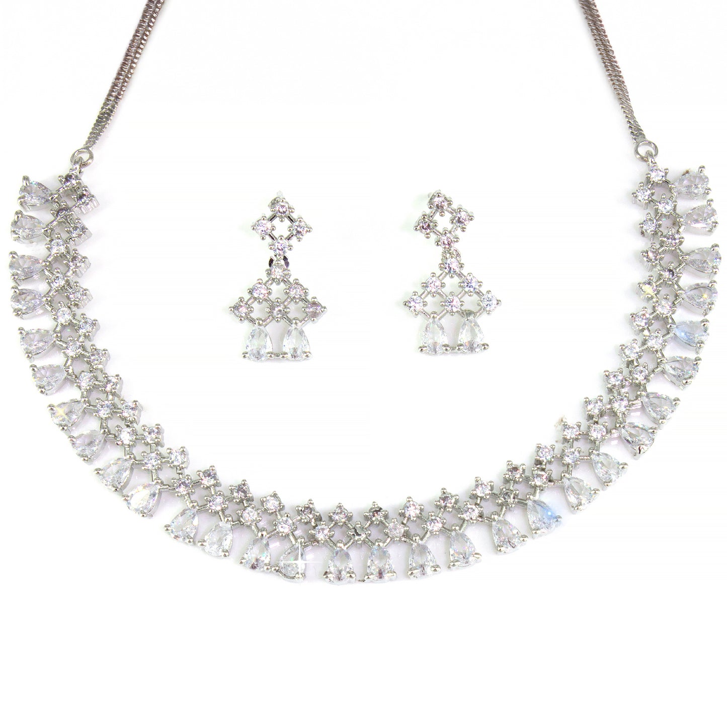 Rhodium-Plated Teardrop AD-Studded Jewellery Set