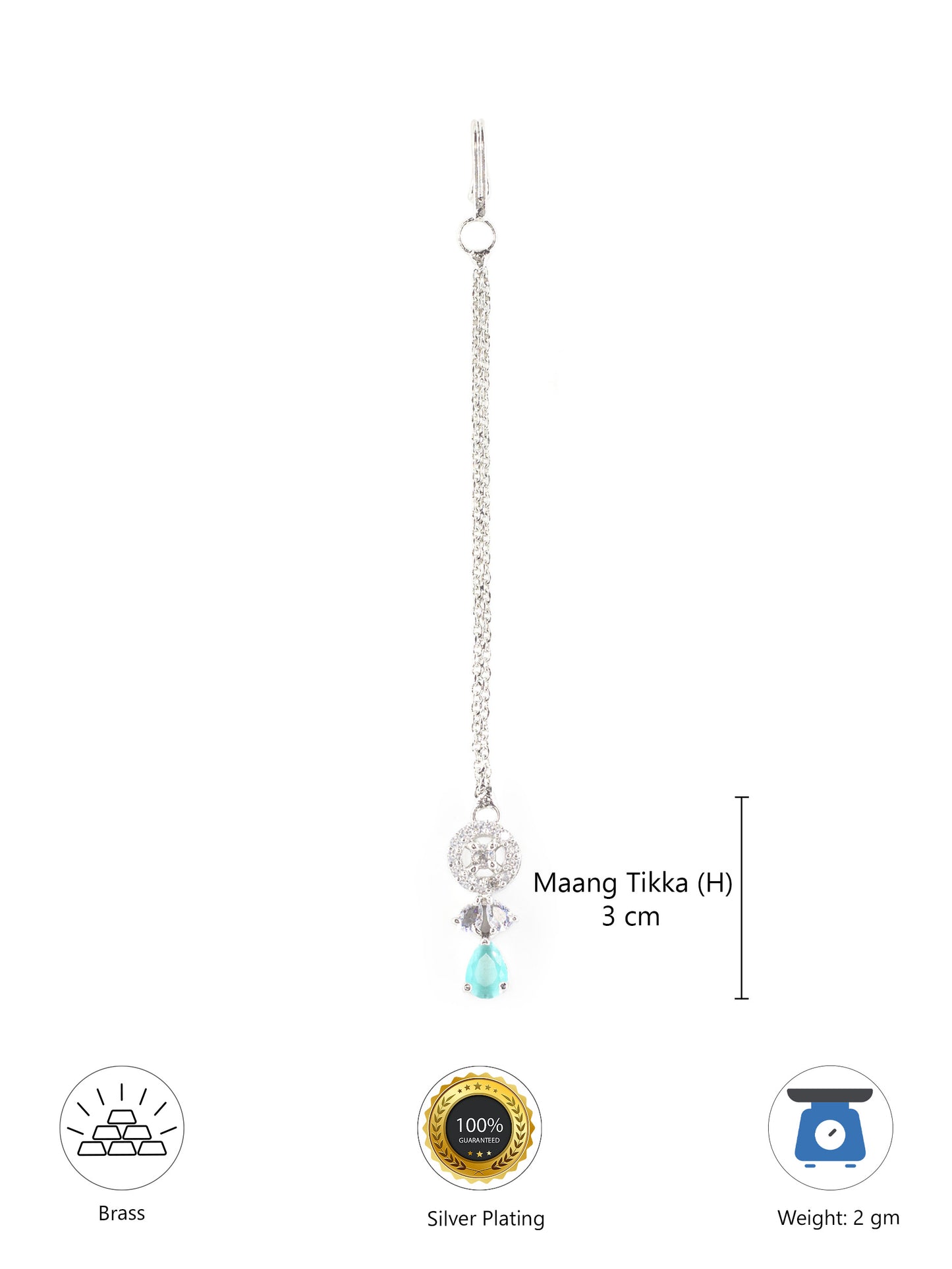 Silver Plated Mint Green AD Maang Tikka
