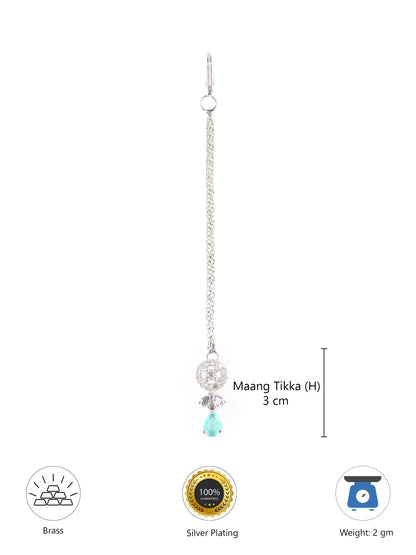 Silver Plated Mint Green AD Maang Tikka