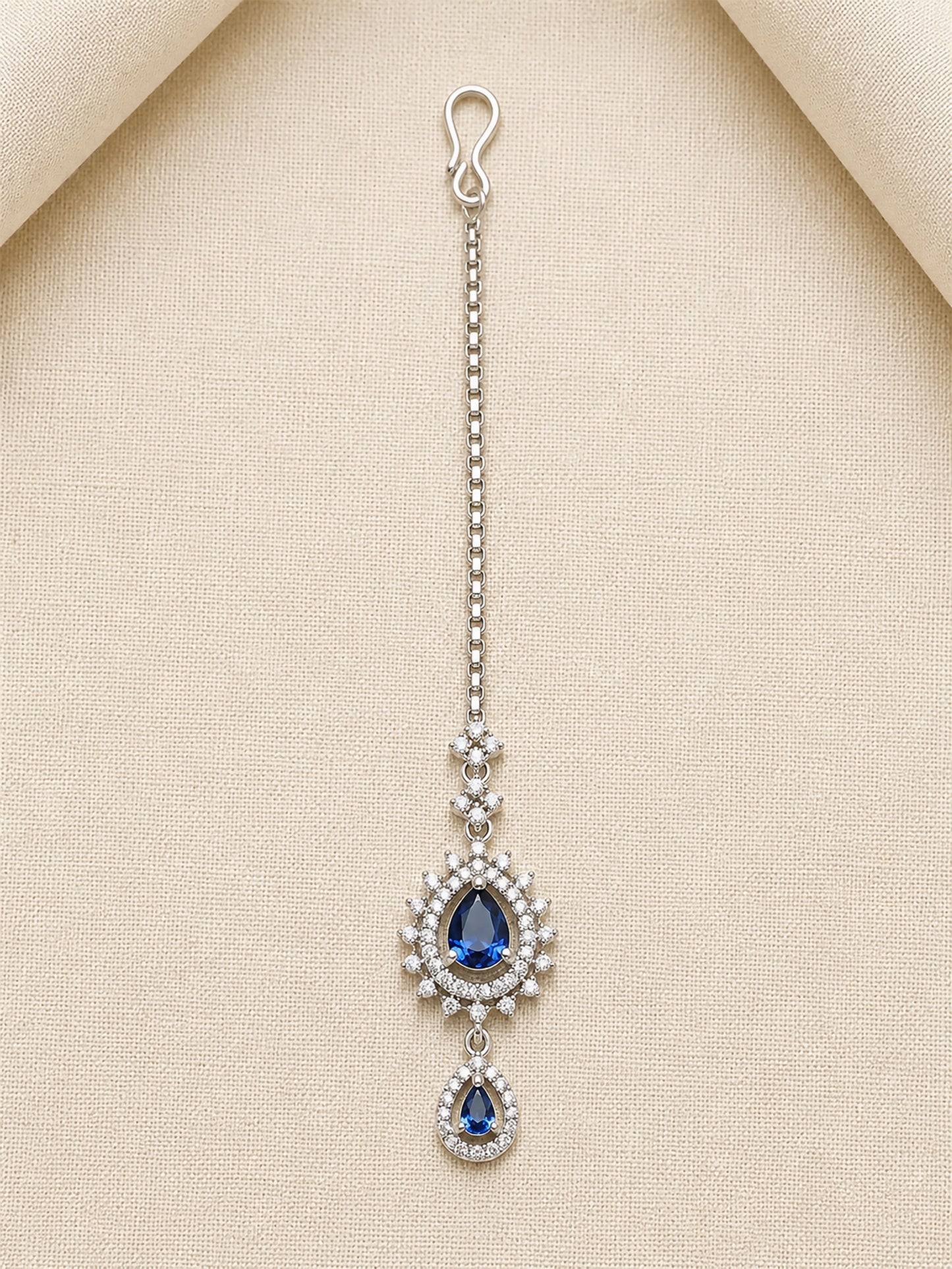 Silver Plated Blue AD Maang Tikka for Women