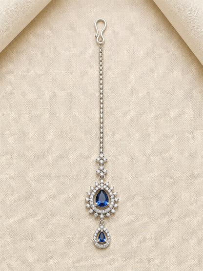 Silver Plated Blue AD Maang Tikka for Women