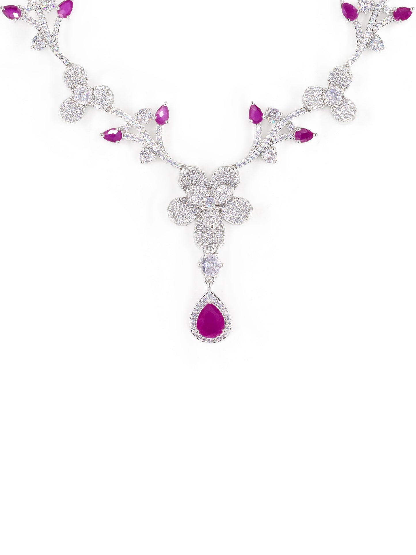 Silver Plated Red & White American Diamond Designer Jewellery Set