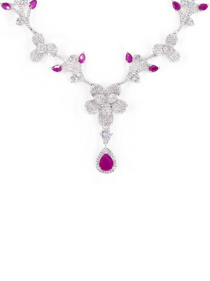 Silver Plated Red & White American Diamond Designer Jewellery Set