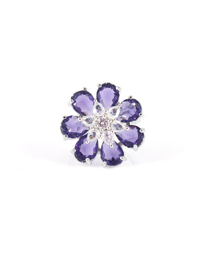 Silver Plated Purple Floral AD Adjustable Ring For Women
