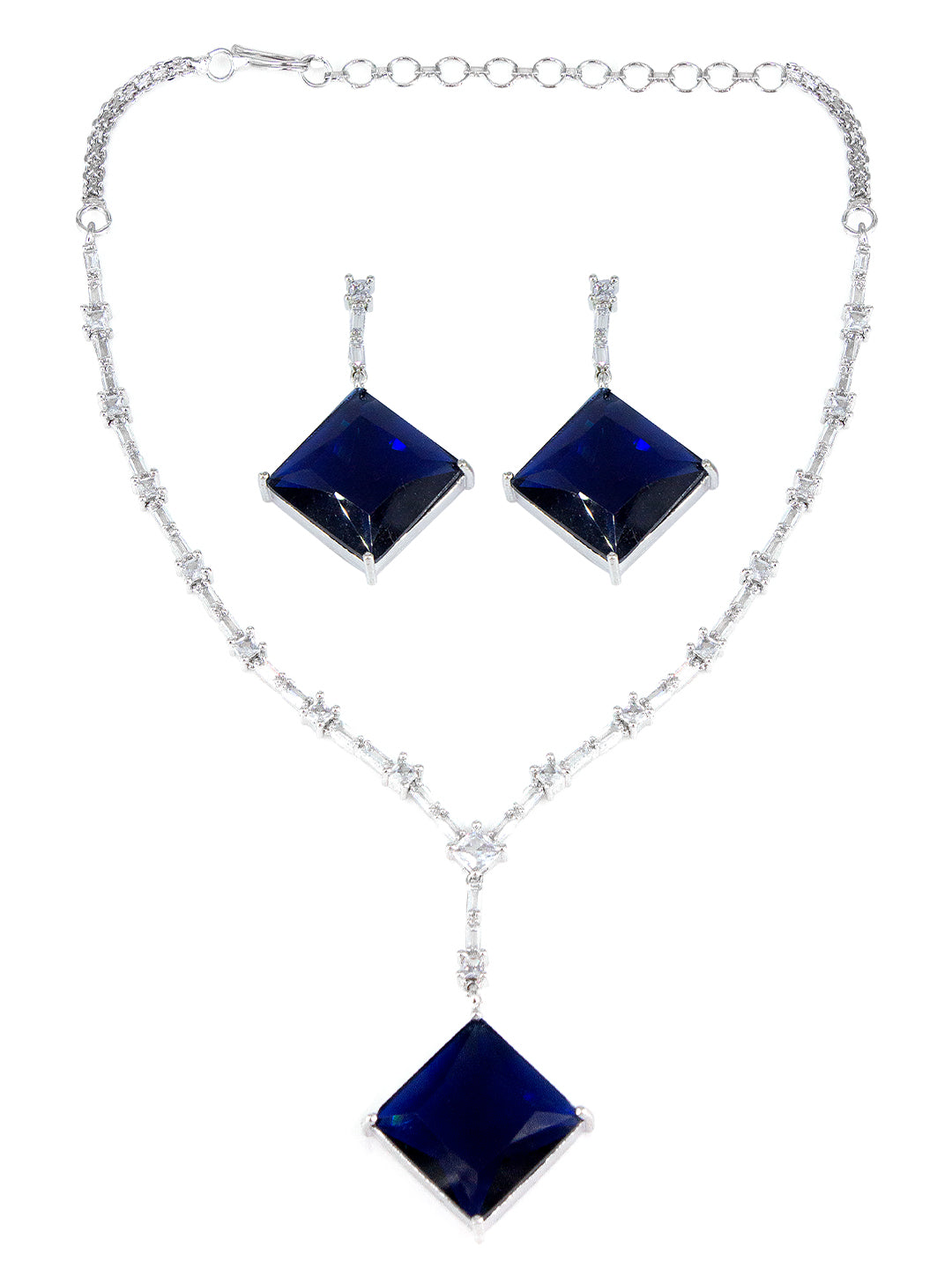 American Diamond Studded Royal Blue Square Drop Design Jewellery Set For Women And Girls