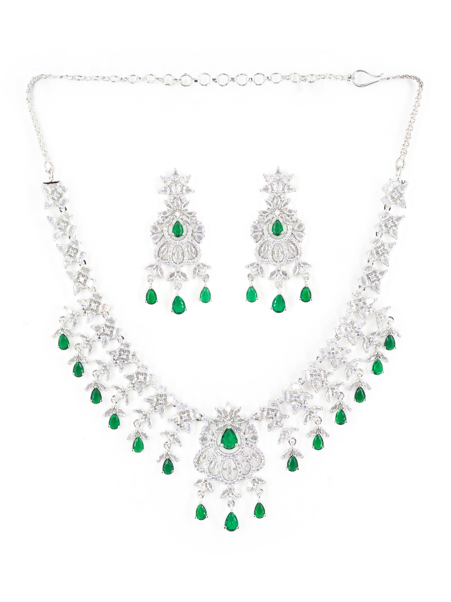 Rhodium Plated Green & White AD Jewellery Set