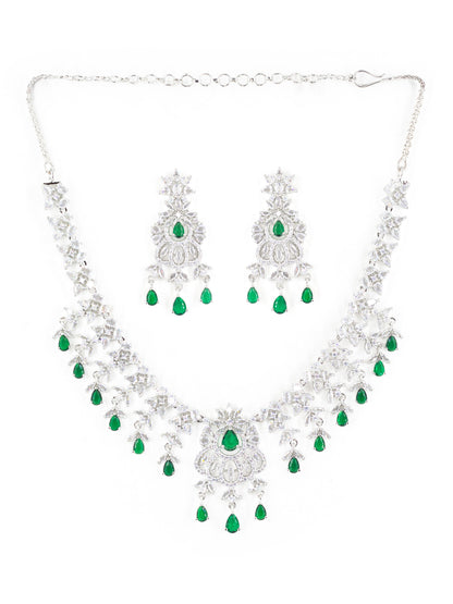 Rhodium Plated Green & White AD Jewellery Set