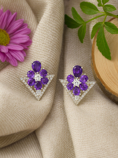 Silver Plated Purple Floral Stud Earrings For Women