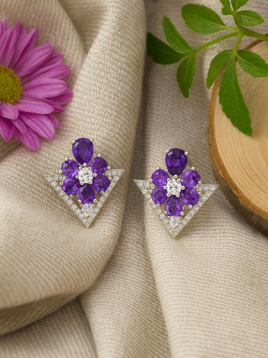 Silver Plated Purple Floral Stud Earrings For Women