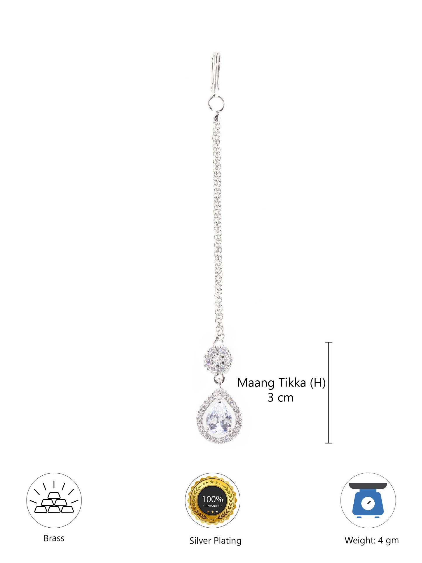 Rhodium Plated White AD Teardrop Maang Tikka for Women