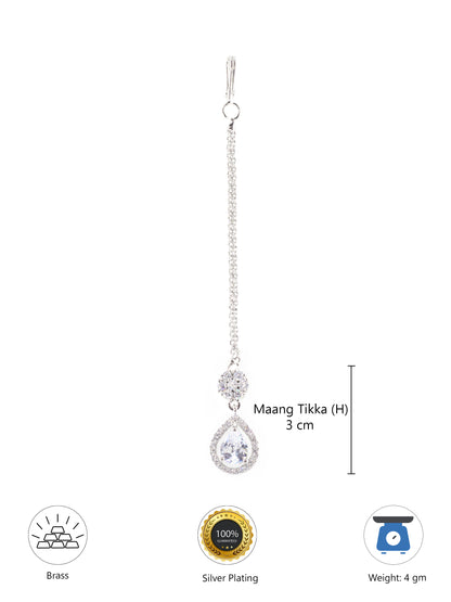 Rhodium Plated White AD Teardrop Maang Tikka for Women