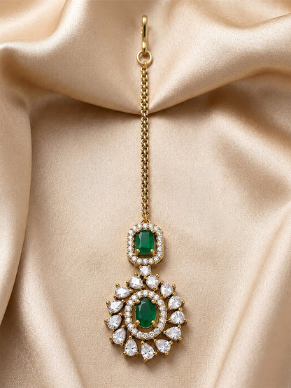 Antique Gold Plated Green AD Maang Tikka for Women