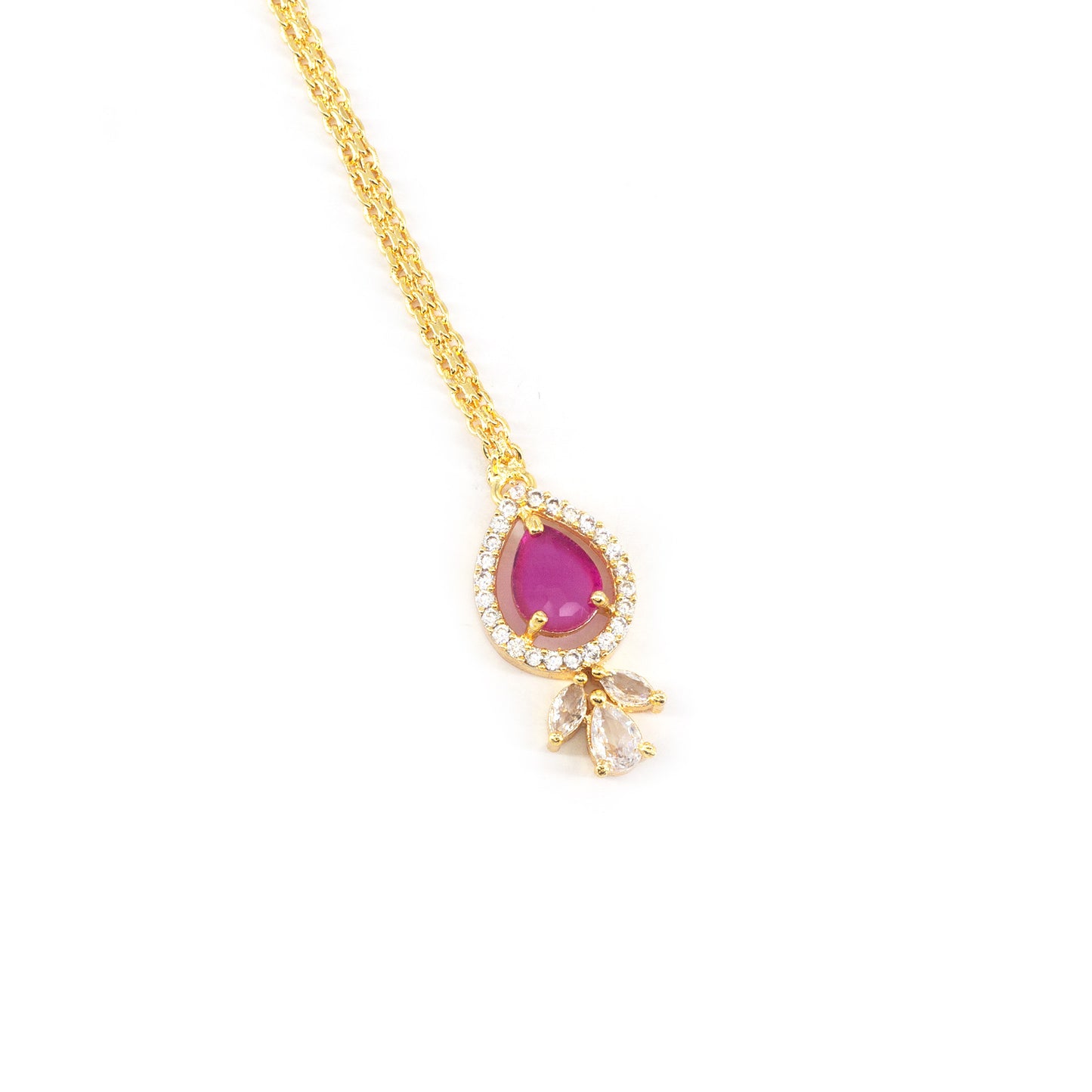 Gold Plated Ruby American Diamond Teardrop Maang Tikka for Women and Girls
