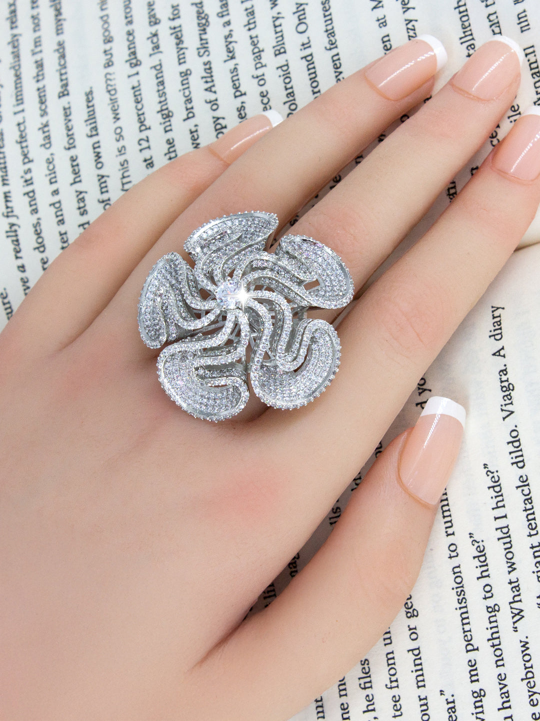 Silver-Plated American-Diamond Big Floral Cocktail Adjustable Finger Ring