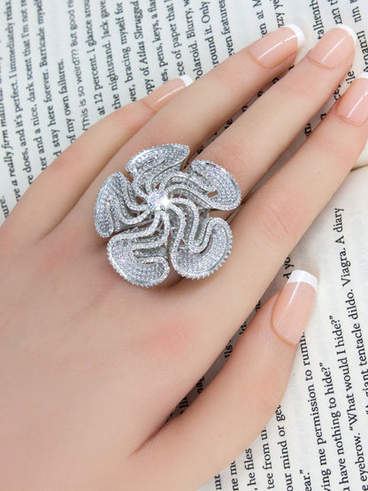 Silver-Plated American-Diamond Big Floral Cocktail Adjustable Finger Ring
