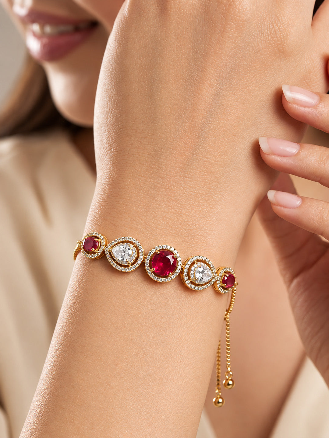 Antique Gold Plated Red AD Adjustable Bracelet for Women