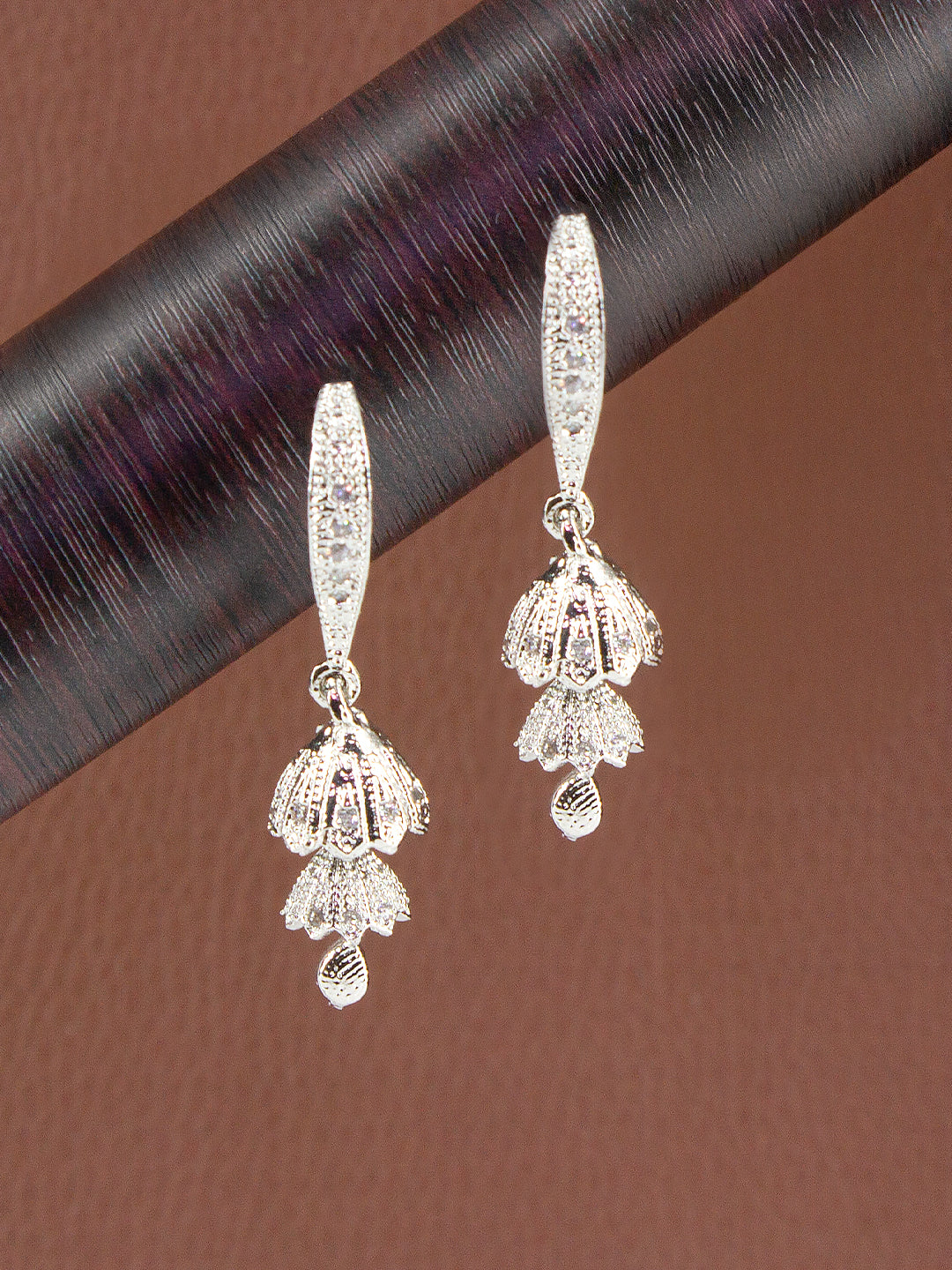 Silver Plated American Diamond Small Double Jhumki Earrings