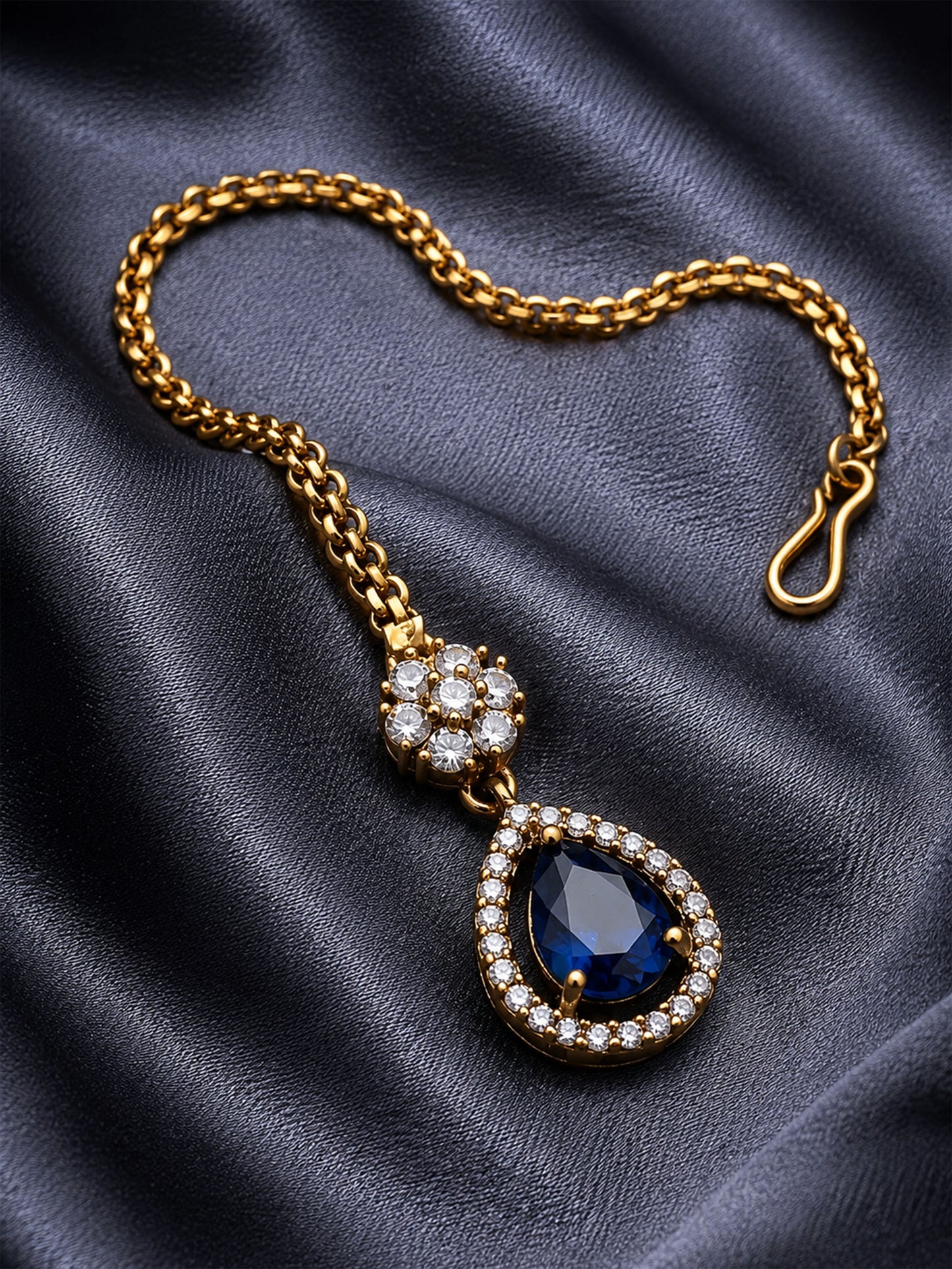 Antique Gold Plated Blue AD Maang Tikka for Women