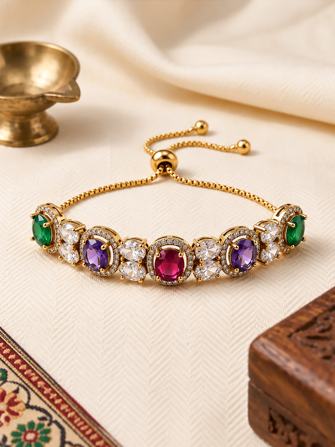 Antique Gold Plated Multi AD Adjustable Bracelet for Women