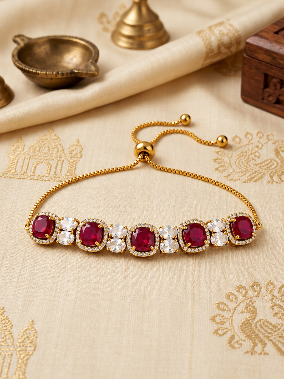 Antique Gold Plated Red AD Adjustable Bracelet for Women