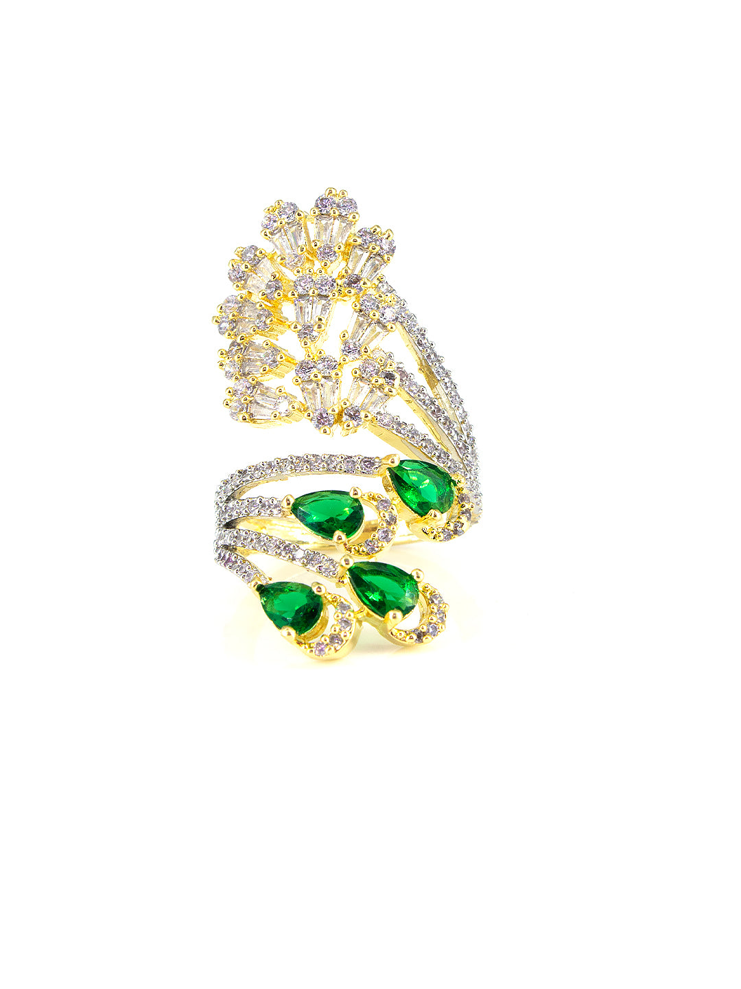 Gold Plated Green AD Adjustable Cocktail Ring For Women