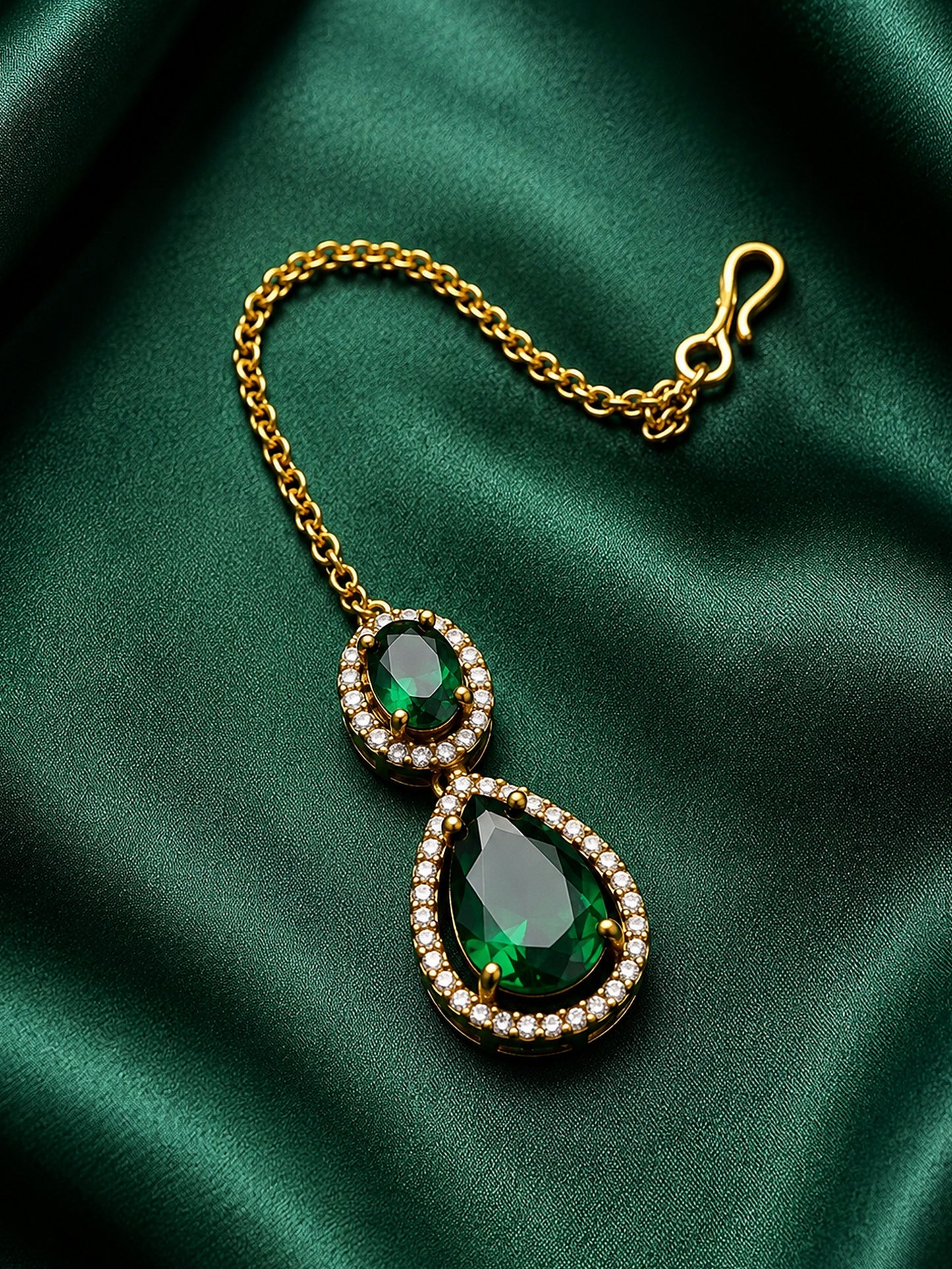 Antique Gold Plated Green AD Maang Tikka for Women